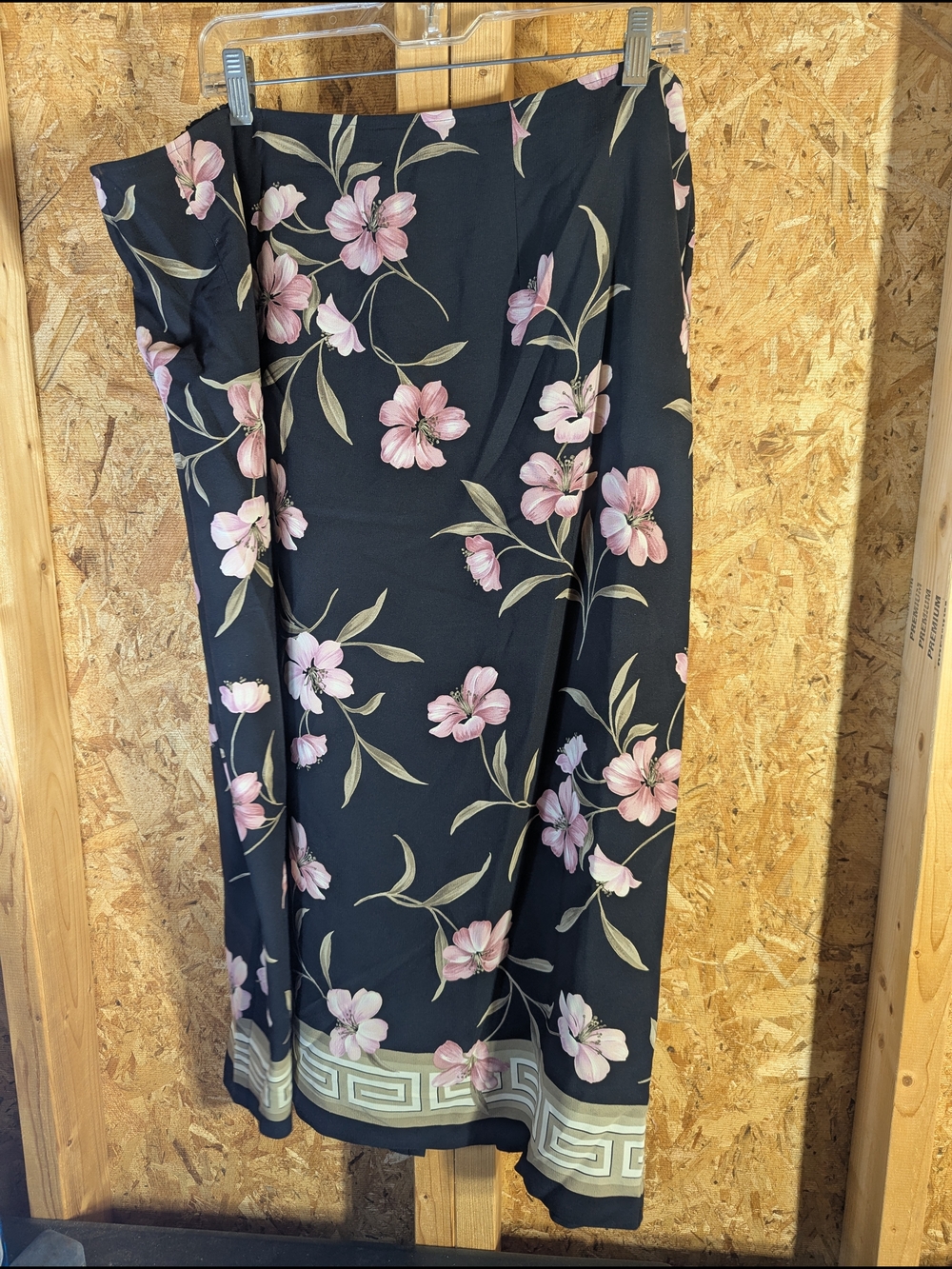 Black Floral Midi Skirt with Pink Bloom Print